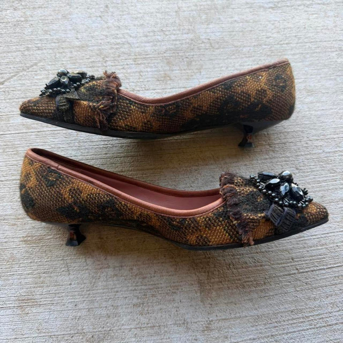 Miu Miu Jeweled Flower Camel Tweed Pointed Kitten Pumps