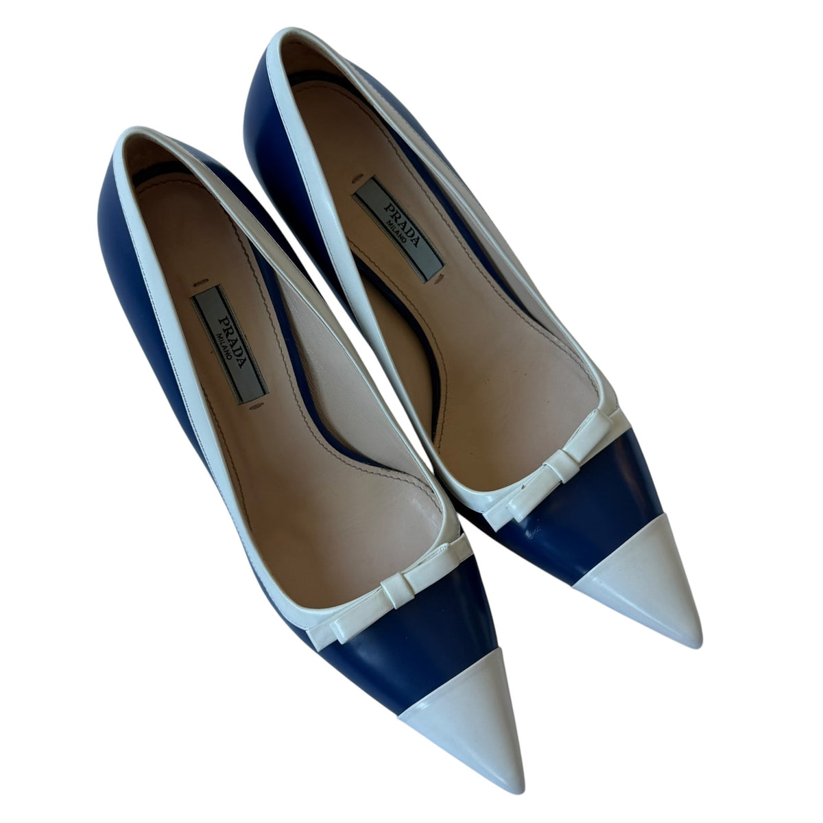 Prada Ribbon Pointed Toe Pumps Blue / White