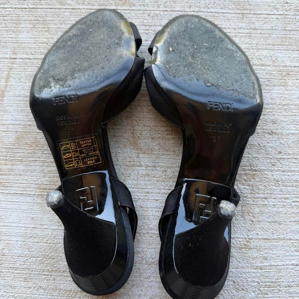 Fendi Plaque Black Satin Heeled Pumps
