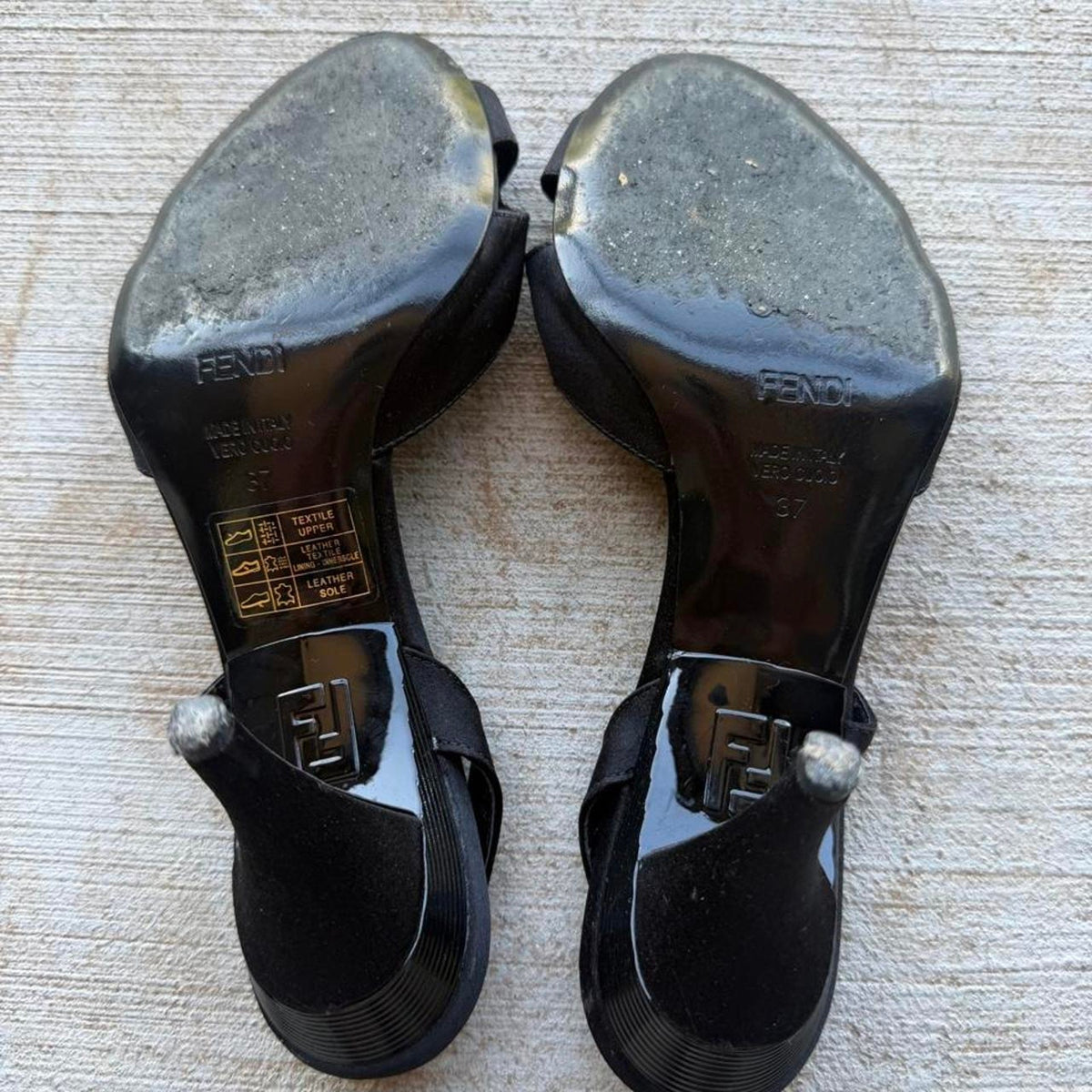 Fendi Plaque Black Satin Heeled Pumps