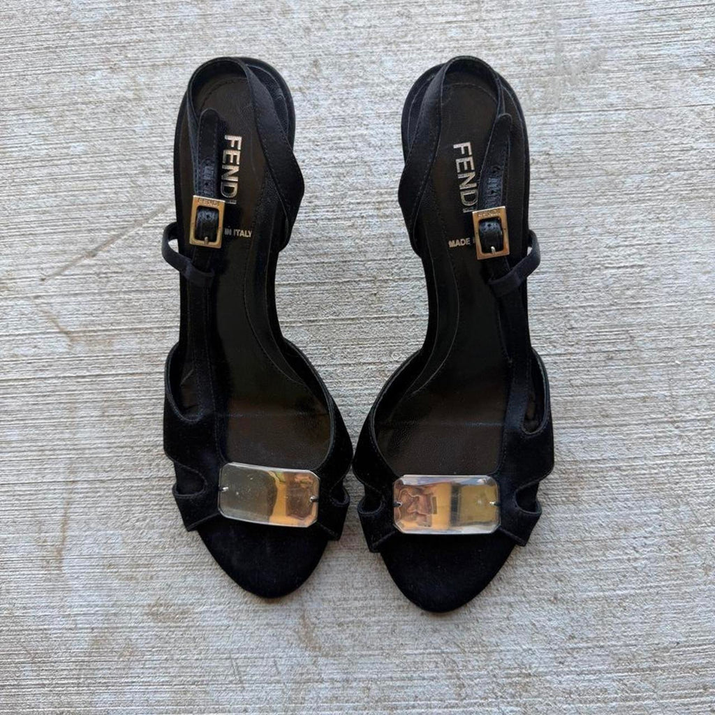 Fendi Plaque Black Satin Heeled Pumps