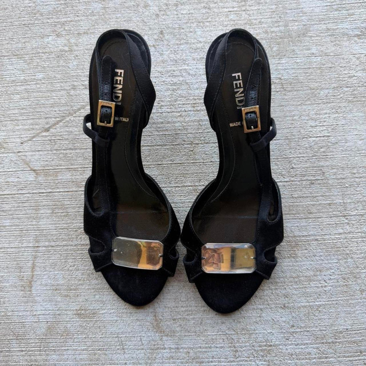 Fendi Plaque Black Satin Heeled Pumps