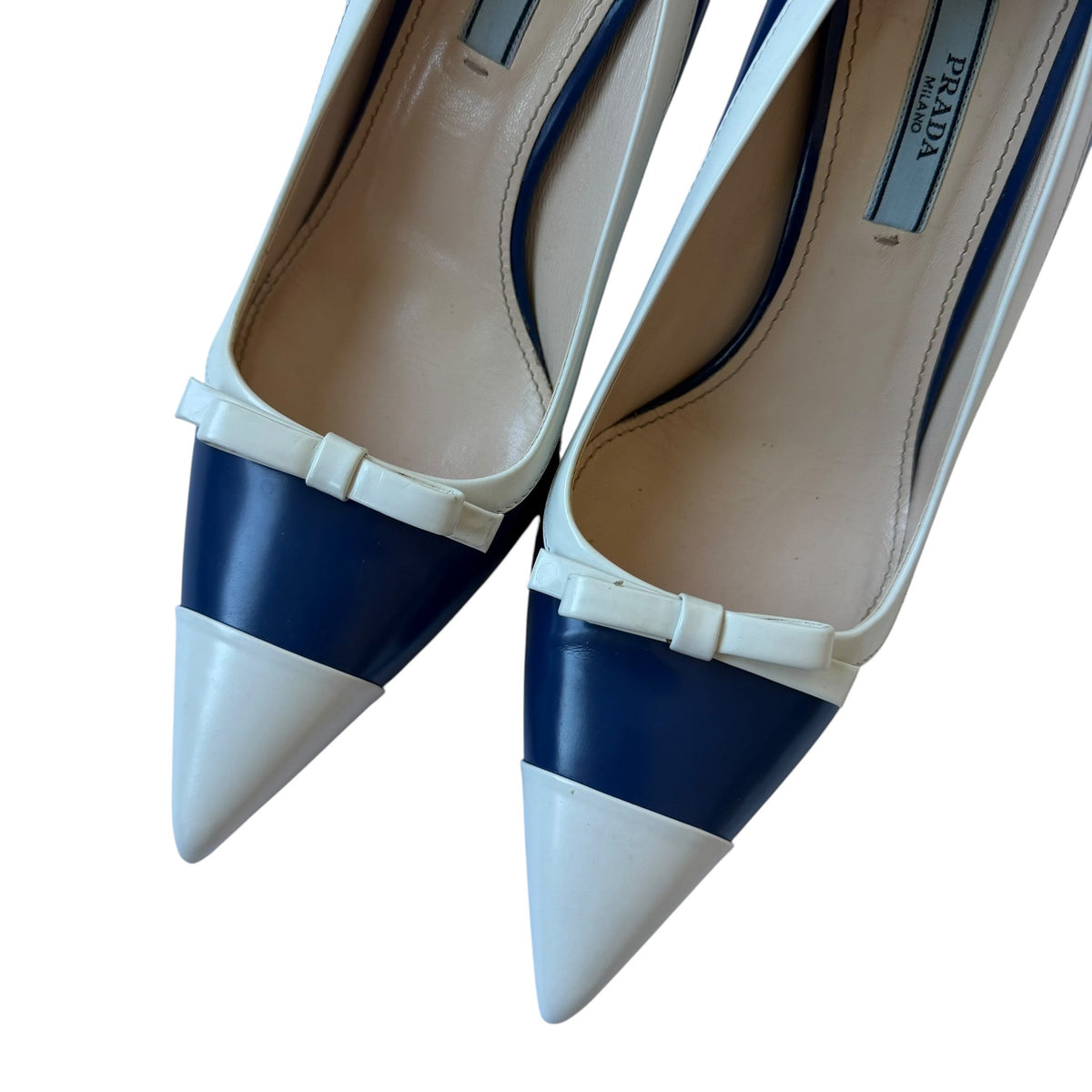 Prada Ribbon Pointed Toe Pumps Blue / White