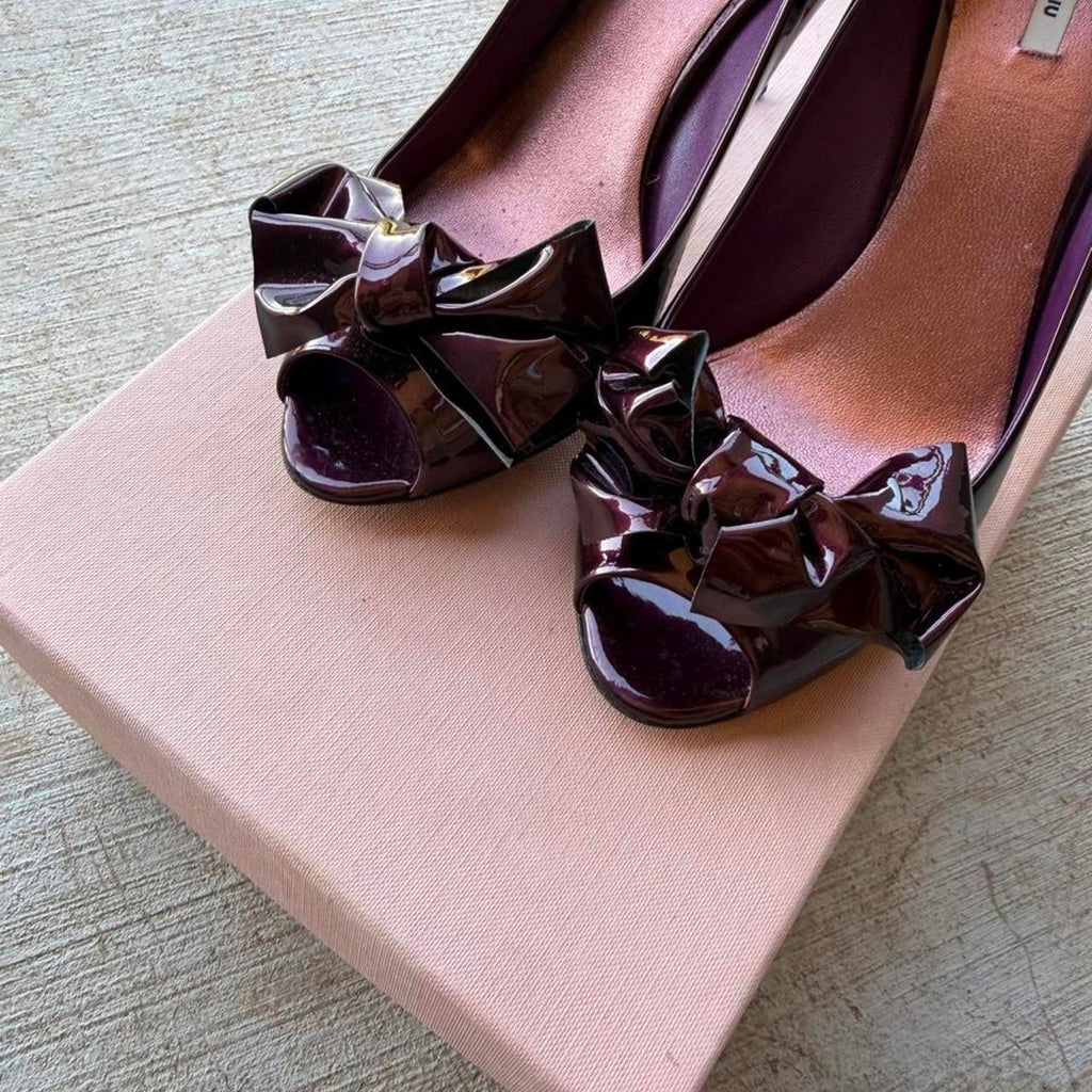 Miu Miu Bow Burgundy Patent Peep-Toe Pumps