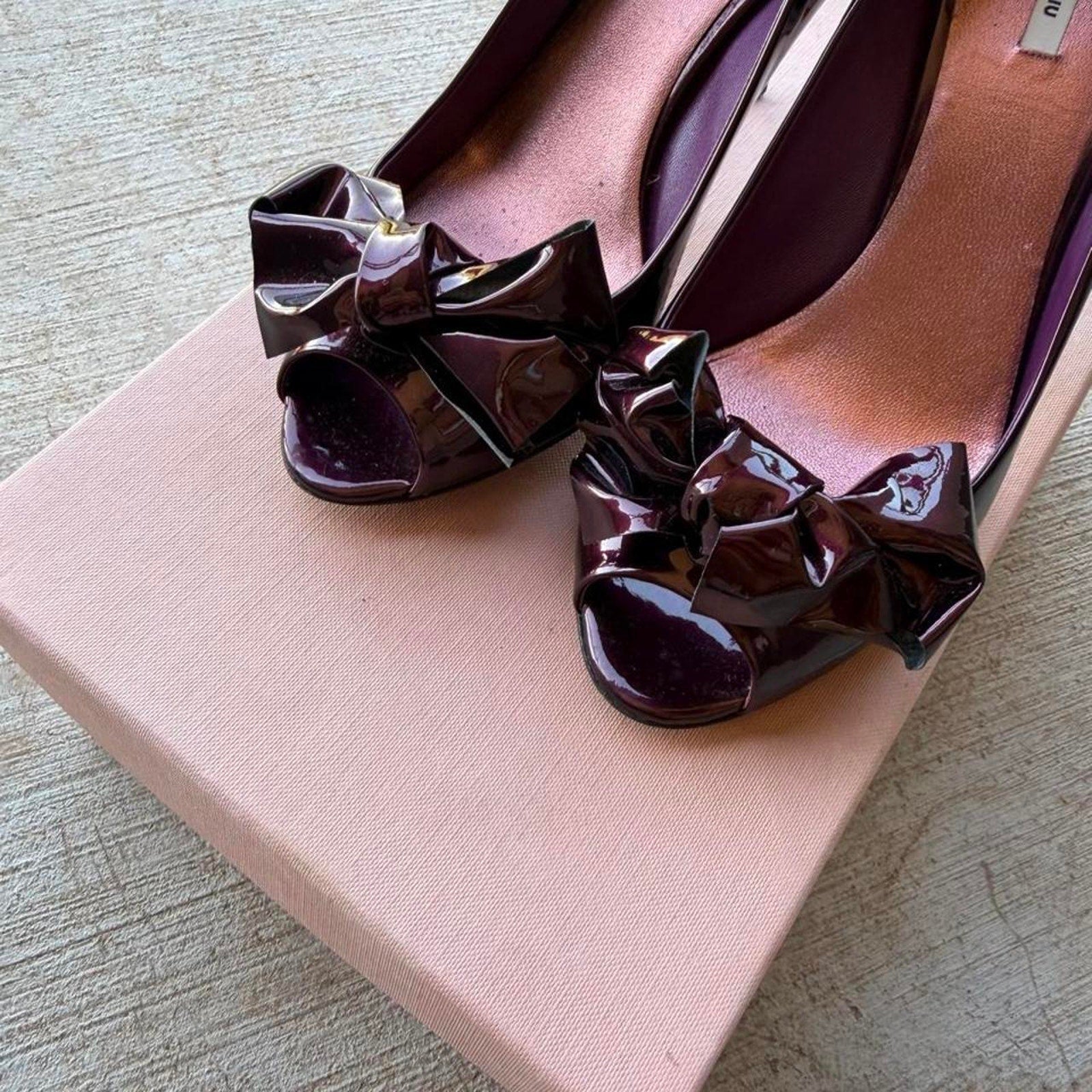 Miu Miu Bow Burgundy Patent Peep-Toe Pumps
