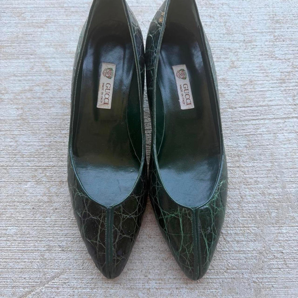 Gucci Green Crocodile Pointed-Toe Kitten Pumps