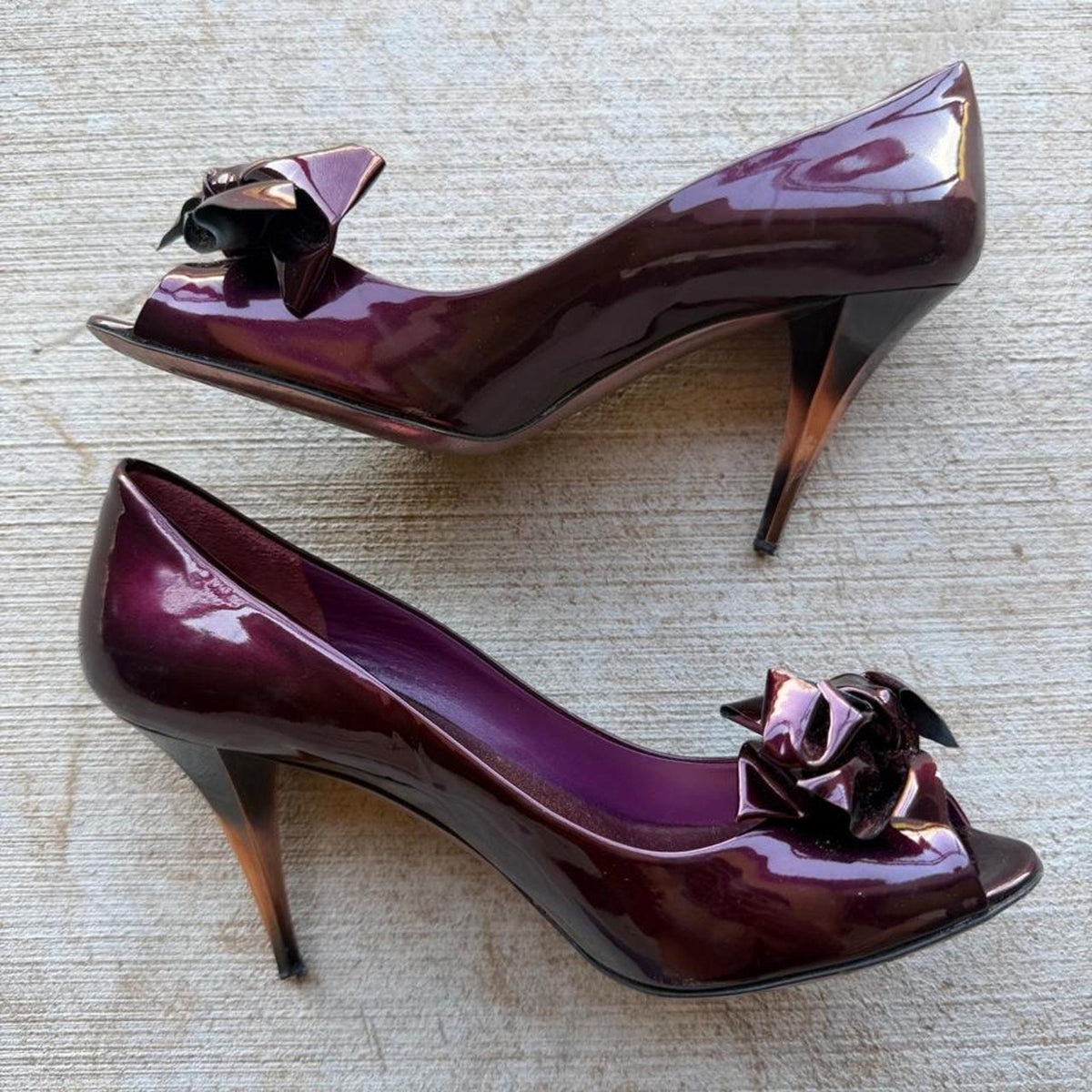 Miu Miu Bow Burgundy Patent Peep-Toe Pumps