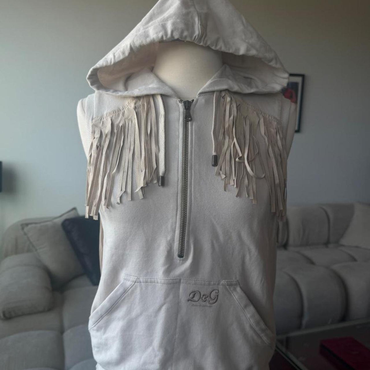 D&G Dolce & Gabbana Leather Fringe Sleeveless Hoodie