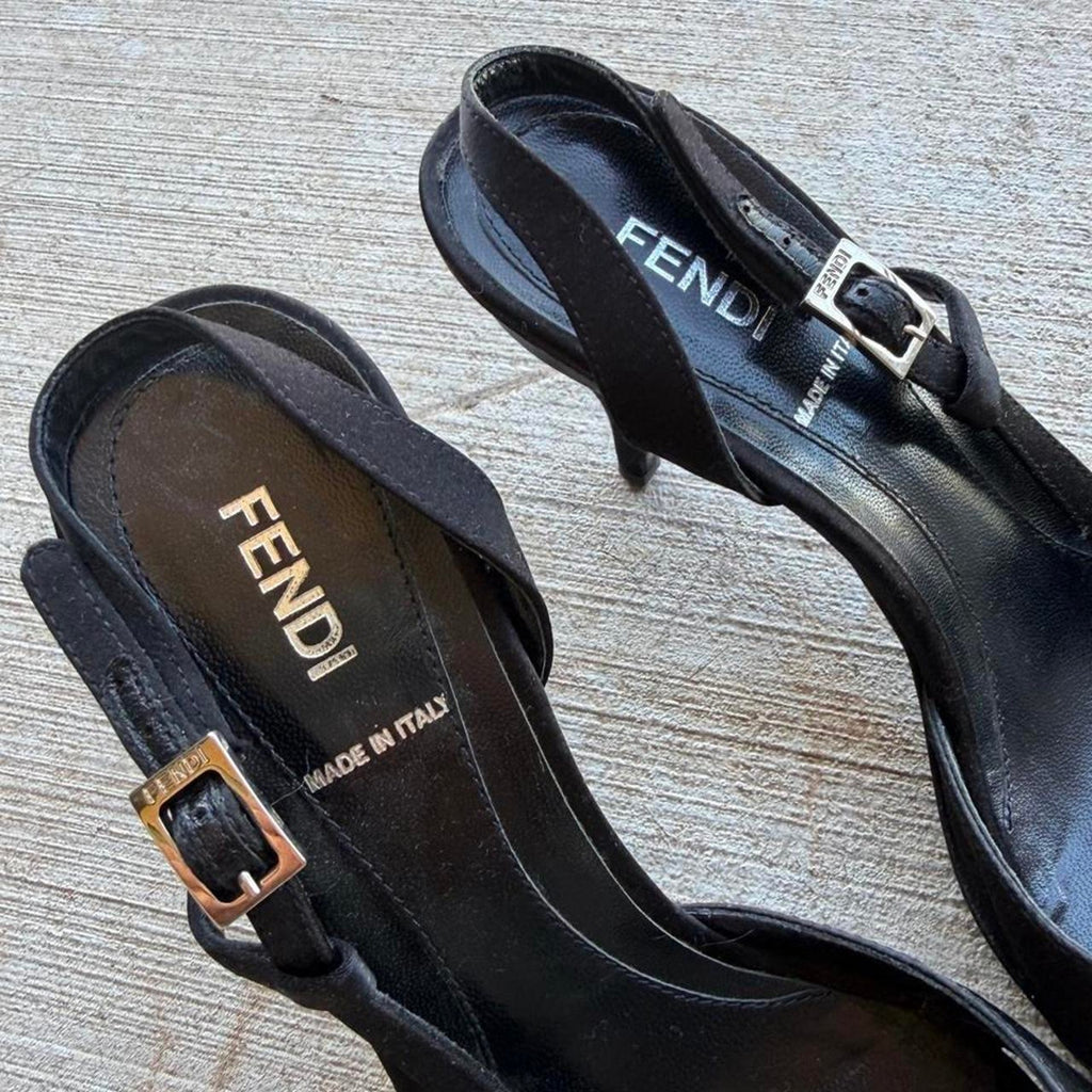 Fendi Plaque Black Satin Heeled Pumps