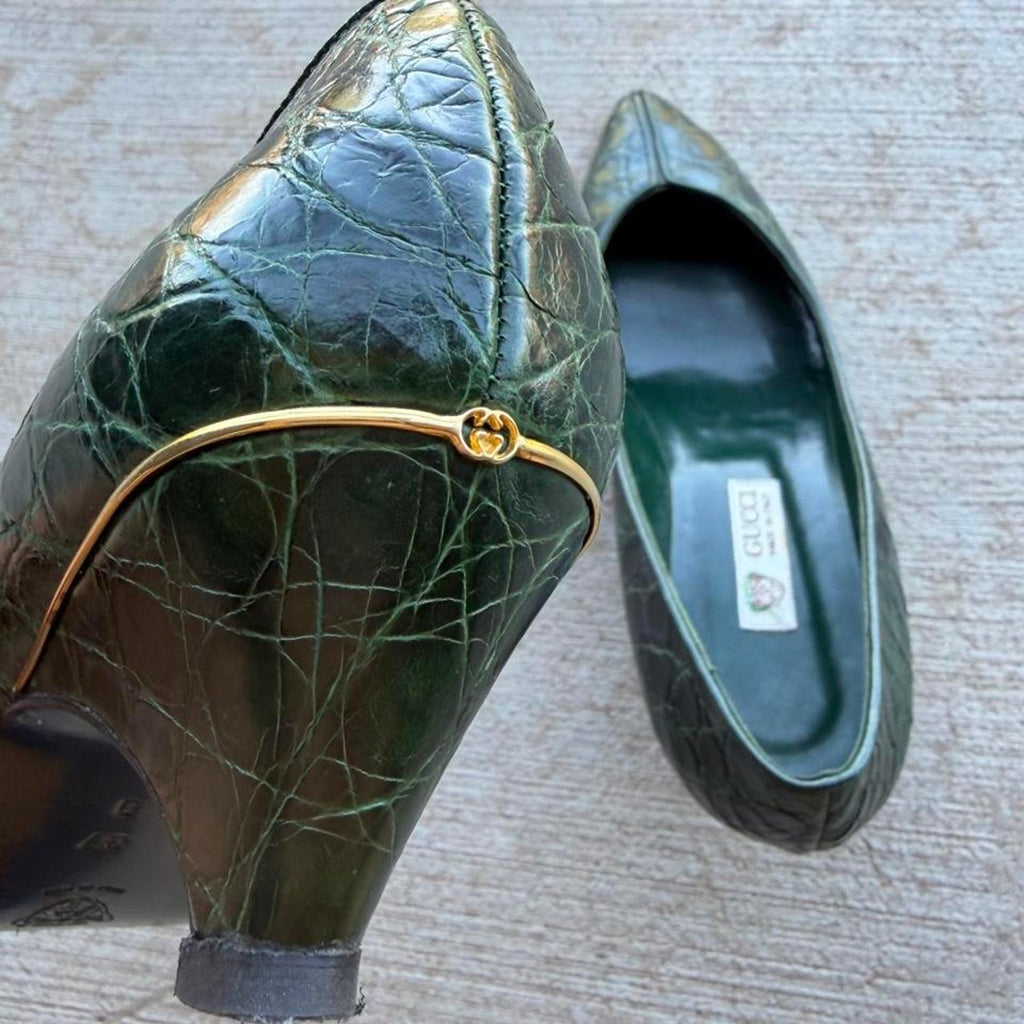 Gucci Green Crocodile Pointed-Toe Kitten Pumps