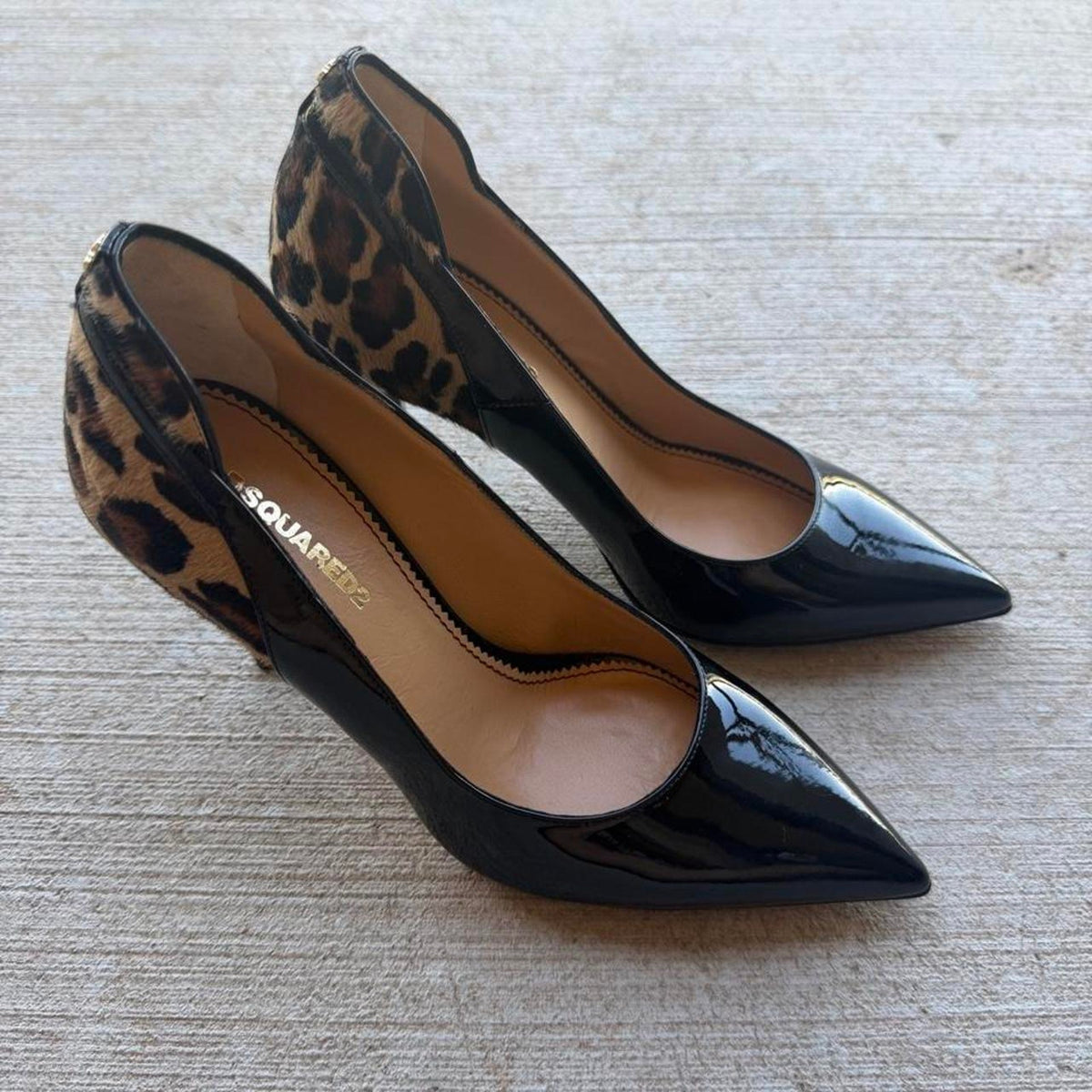 Dsquared2 Leopard Calf Hair Black Patent Pointed Pumps