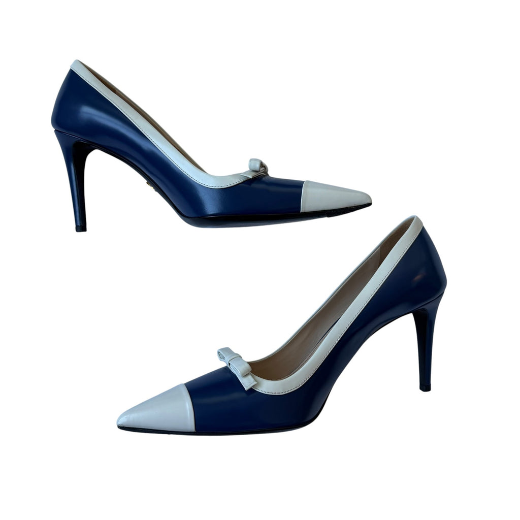 Prada Ribbon Pointed Toe Pumps Blue / White