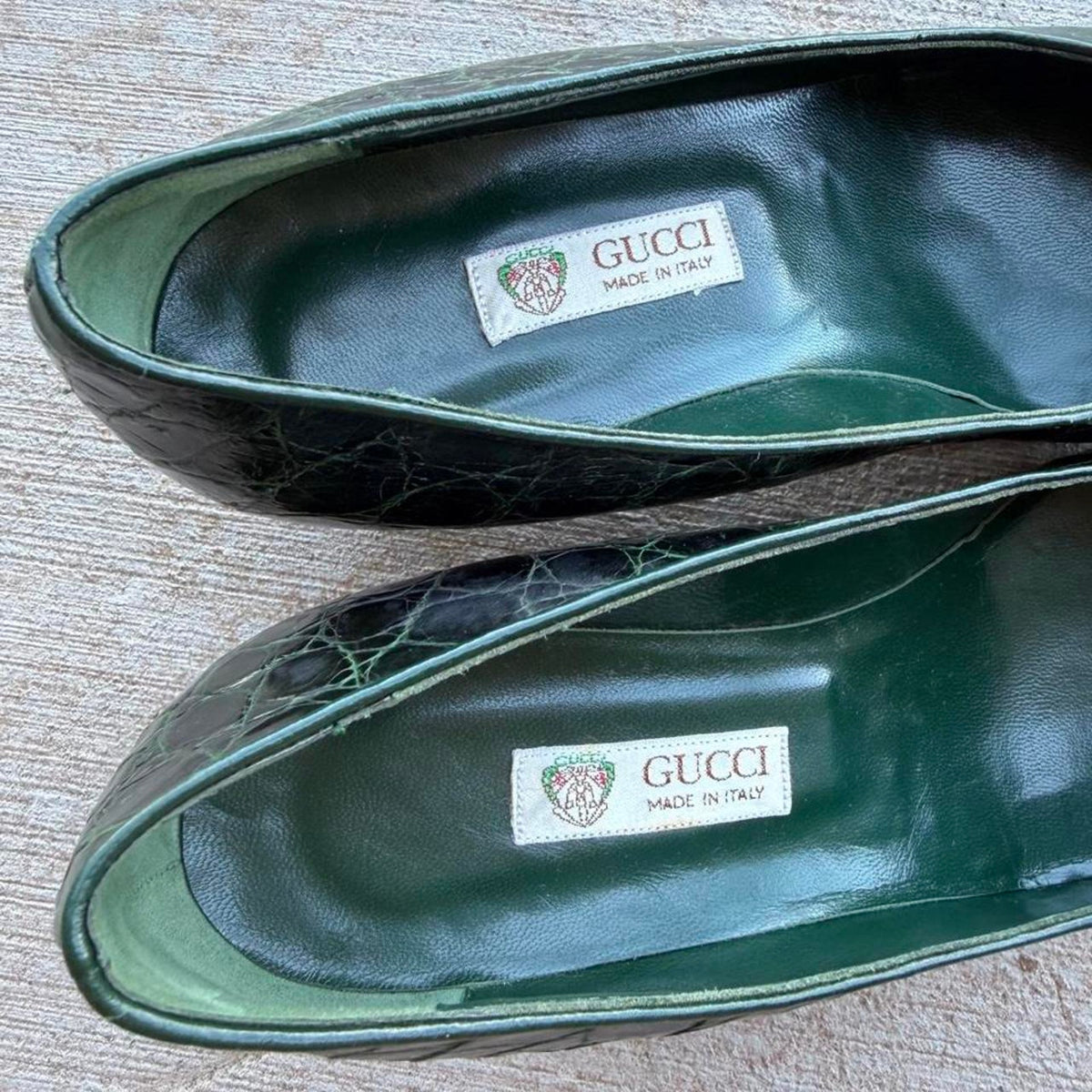 Gucci Green Crocodile Pointed-Toe Kitten Pumps