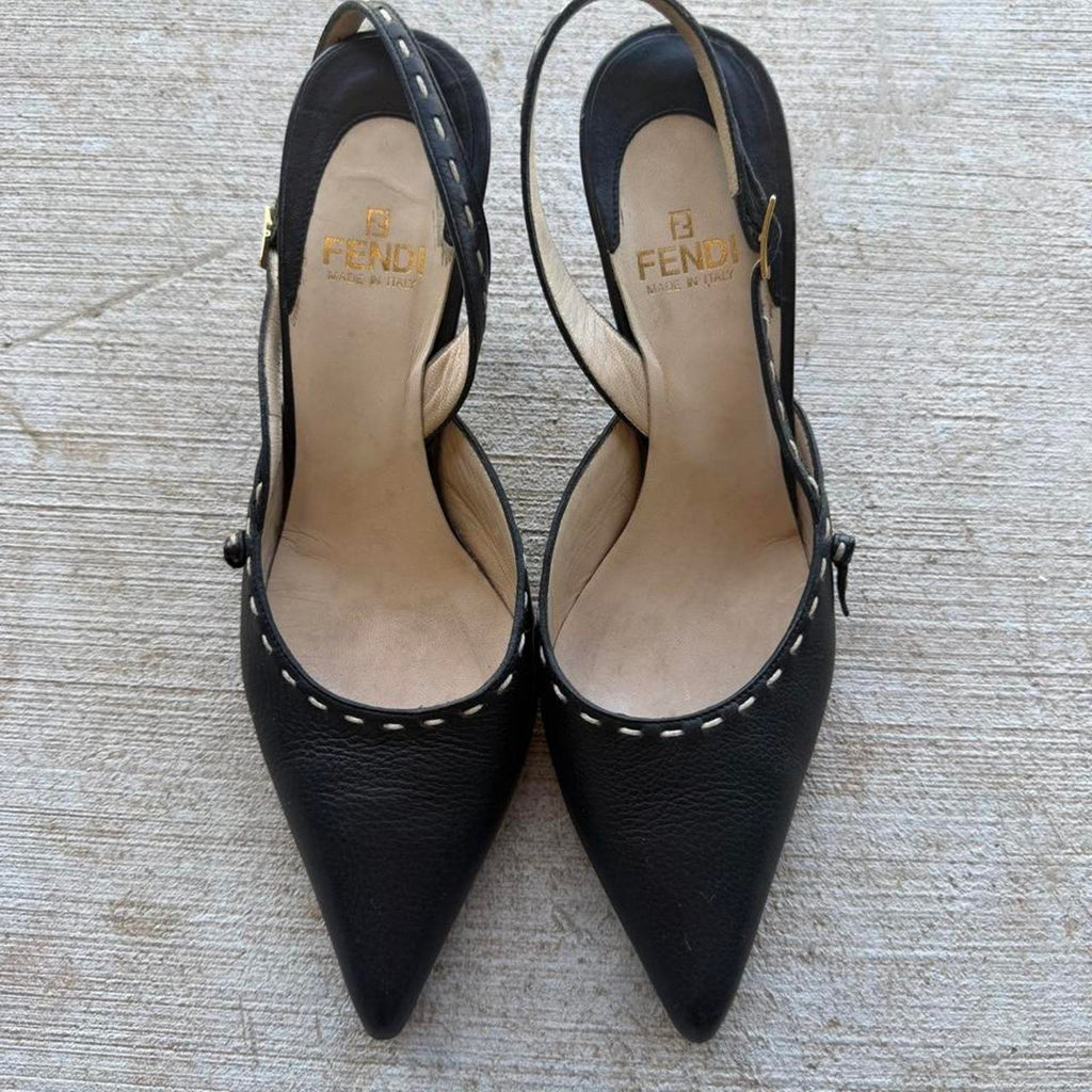 Fendi Selleria Black Leather Slingback Pumps