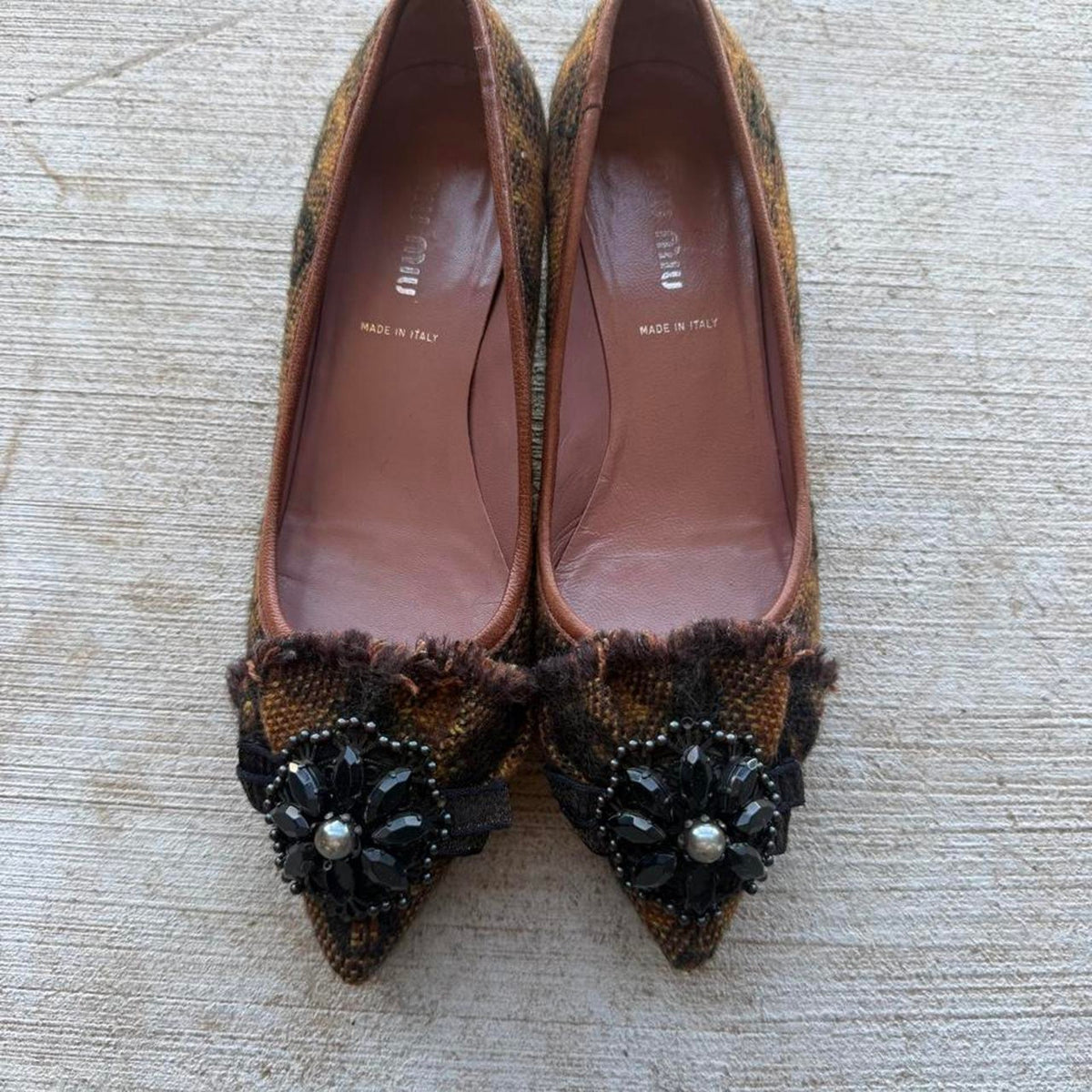Miu Miu Jeweled Flower Camel Tweed Pointed Kitten Pumps