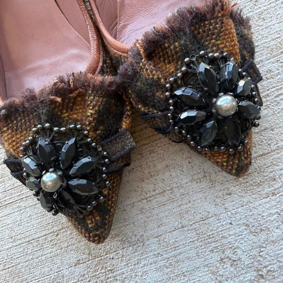 Miu Miu Jeweled Flower Camel Tweed Pointed Kitten Pumps