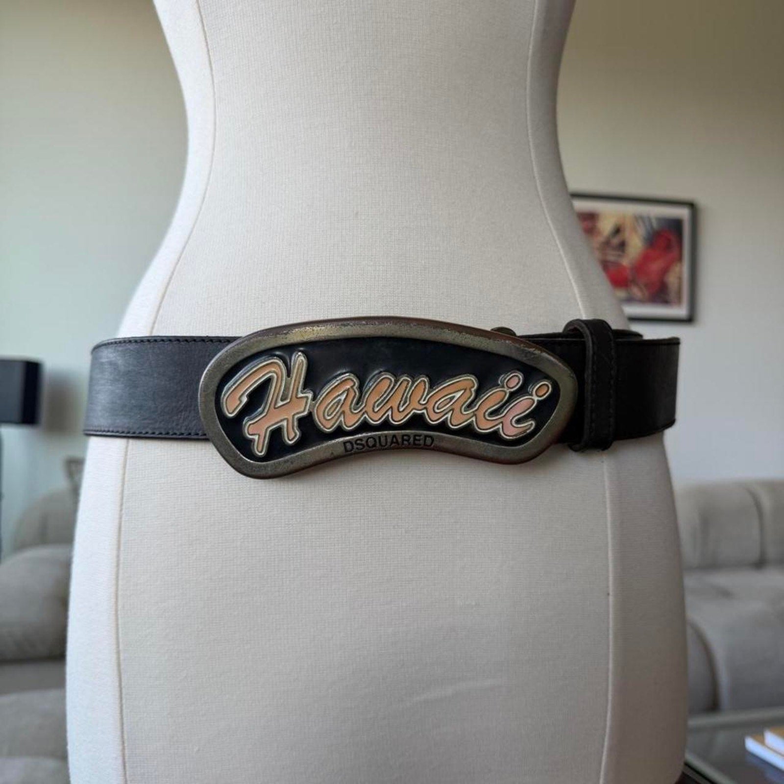 Dsquared2 SS2005 Hawaii Logo Buckle Black Leather Belt
