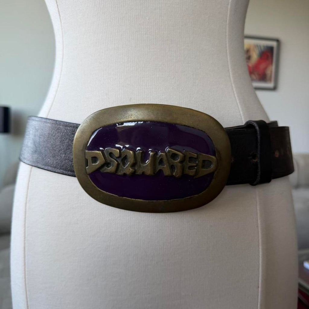 Dsquared2 Purple Brass Logo Buckle Black Leather Belt