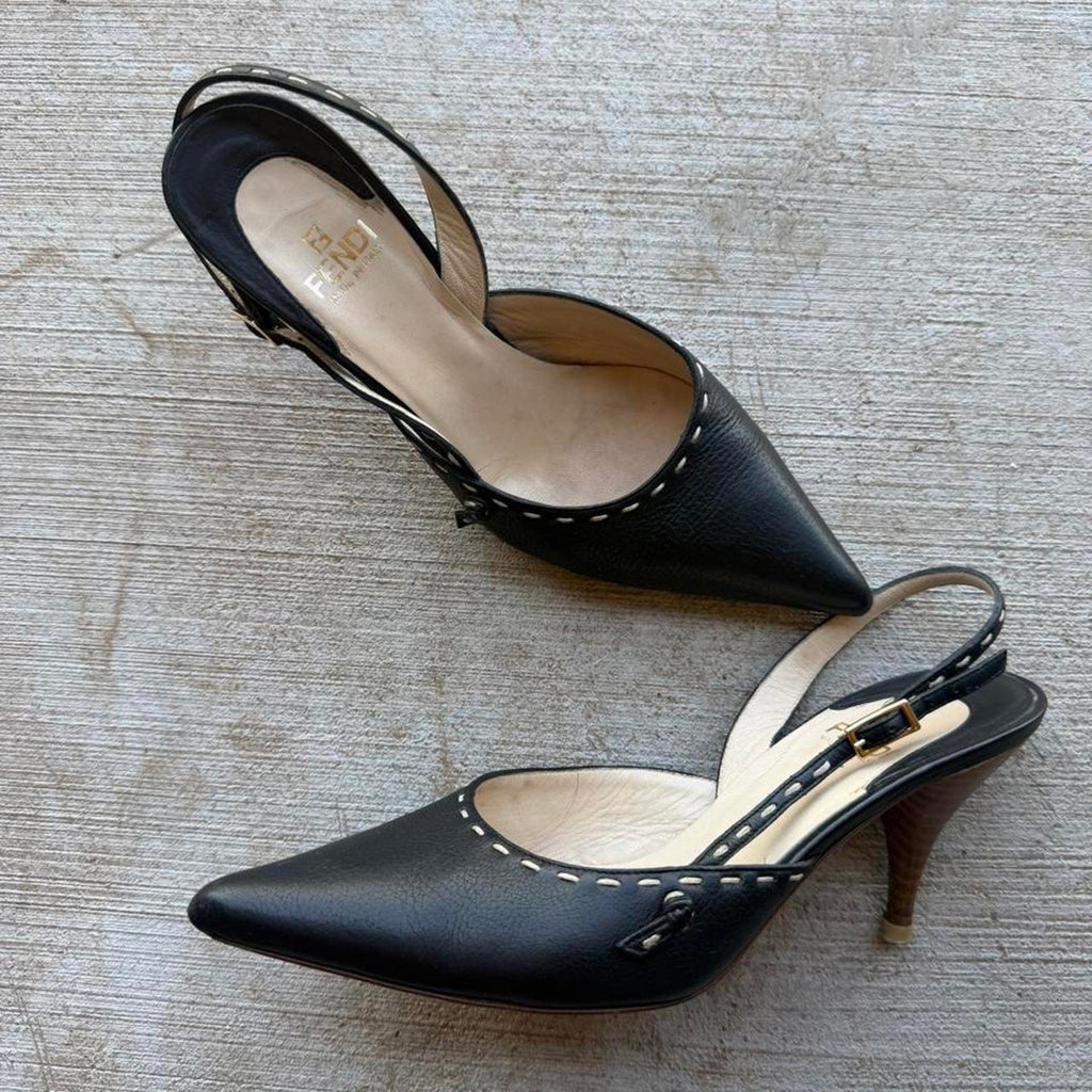 Fendi Selleria Black Leather Slingback Pumps