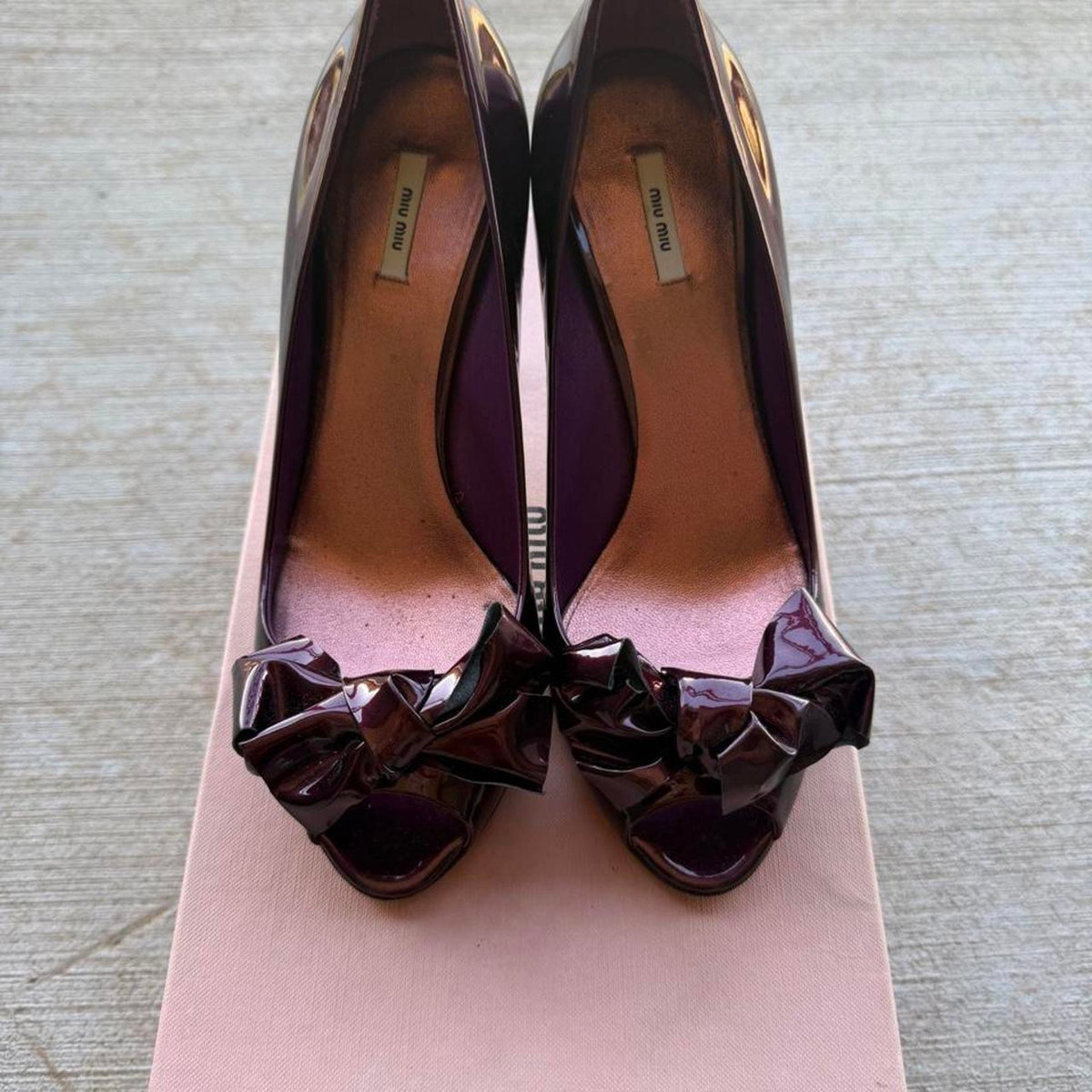 Miu Miu Bow Burgundy Patent Peep-Toe Pumps