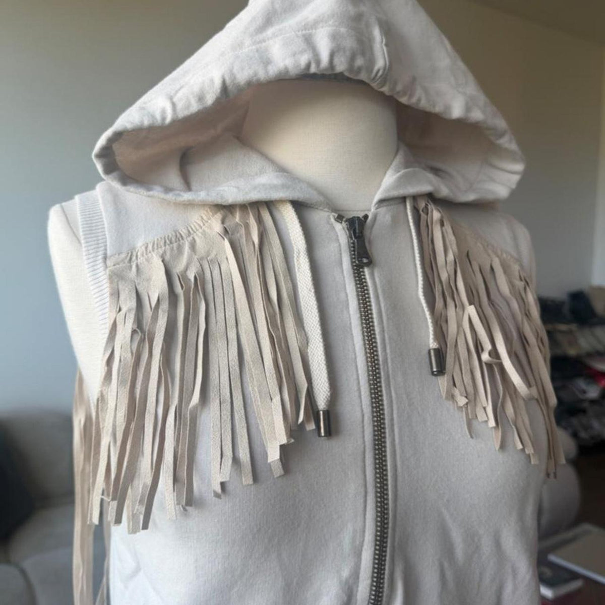 D&G Dolce & Gabbana Leather Fringe Sleeveless Hoodie