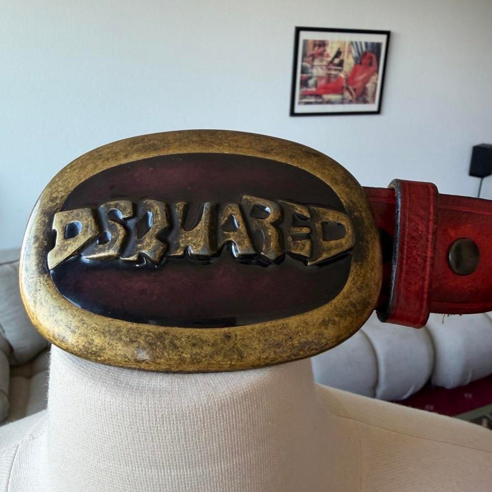 Dsquared2 Brass Logo Buckle Red/Brown Leather Belt
