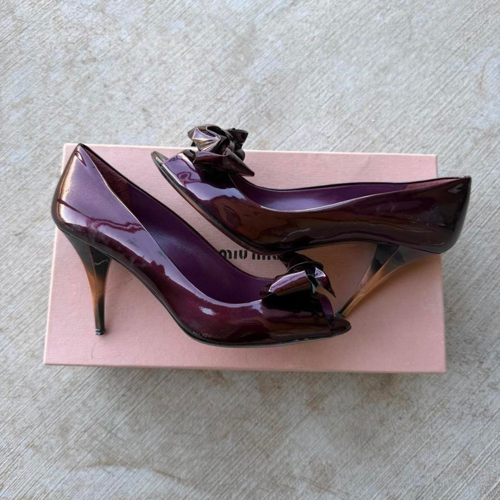 Miu Miu Bow Burgundy Patent Peep-Toe Pumps
