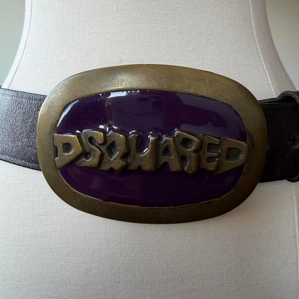 Dsquared2 Purple Brass Logo Buckle Black Leather Belt