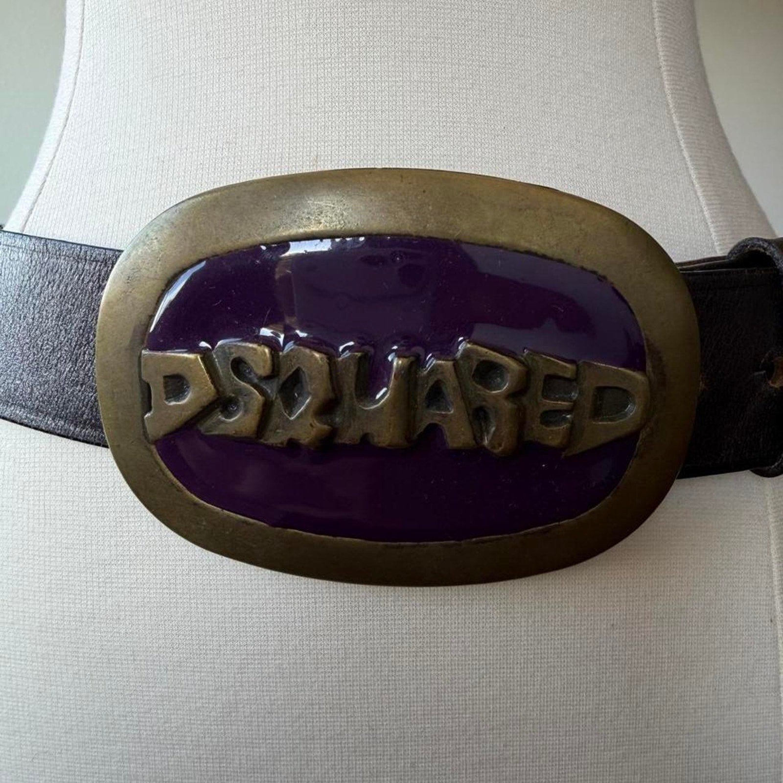 Dsquared2 Purple Brass Logo Buckle Black Leather Belt