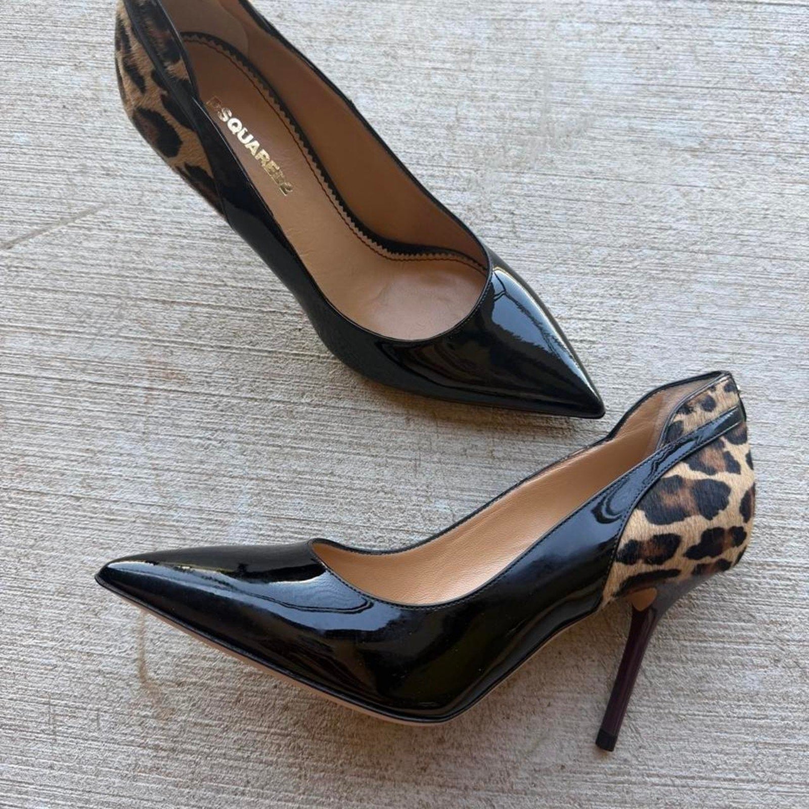 Dsquared2 Leopard Calf Hair Black Patent Pointed Pumps