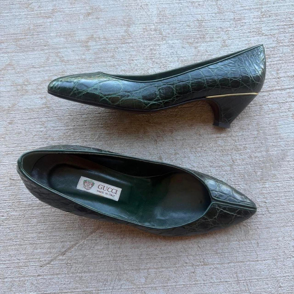 Gucci Green Crocodile Pointed-Toe Kitten Pumps