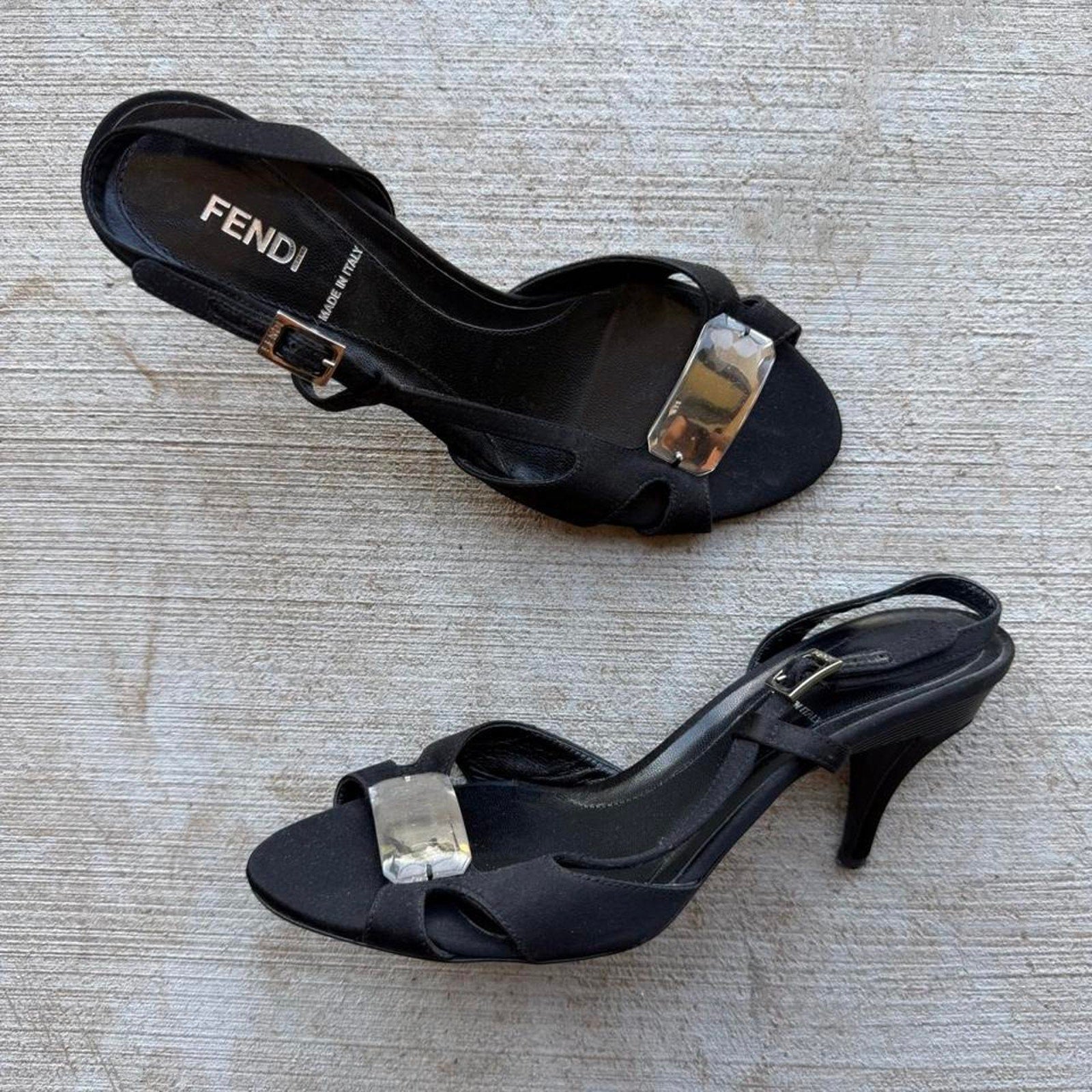 Fendi Plaque Black Satin Heeled Pumps