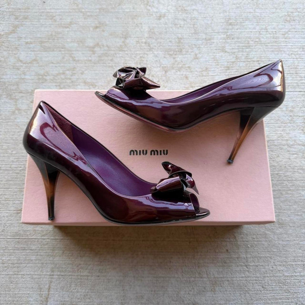 Miu Miu Bow Burgundy Patent Peep-Toe Pumps