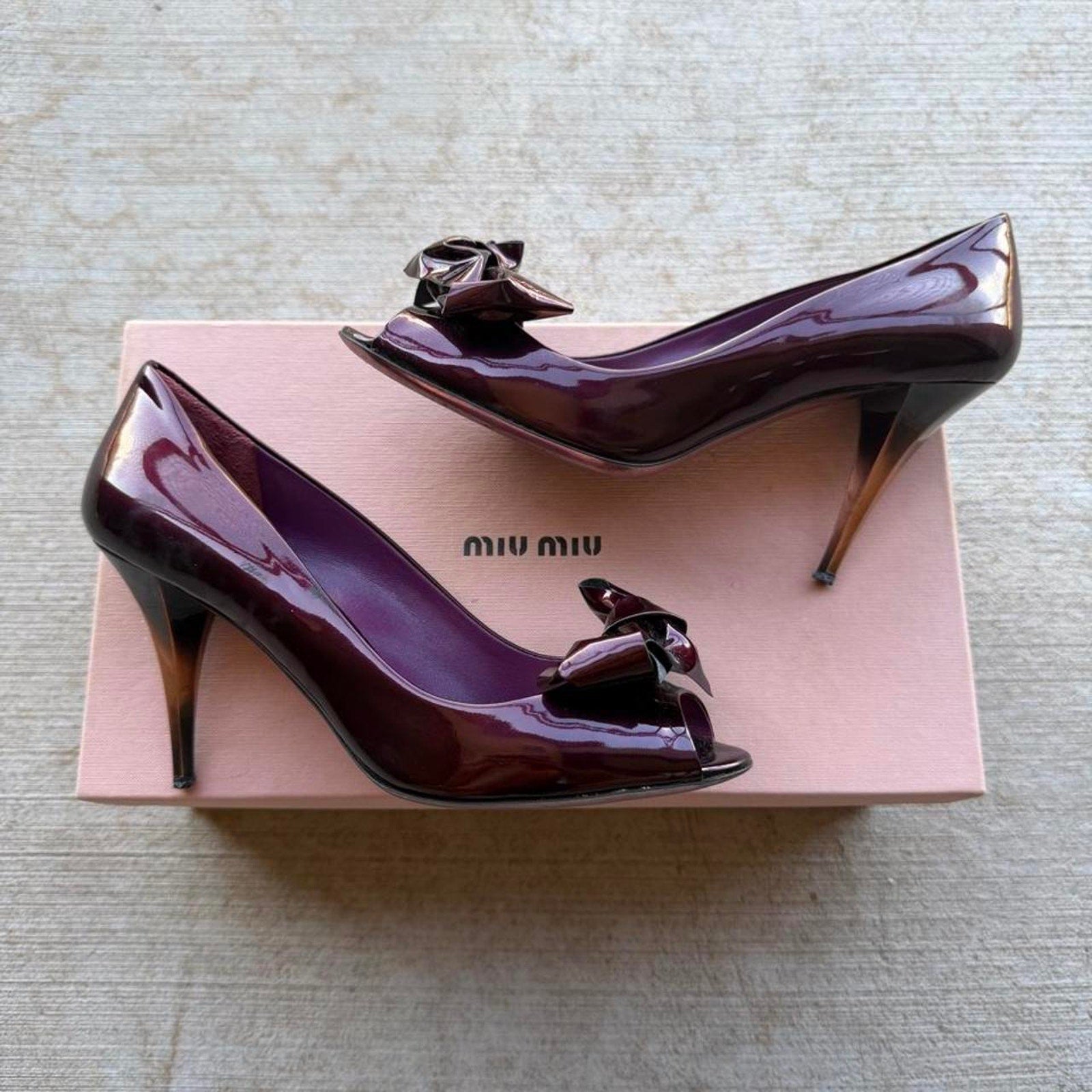 Miu Miu Bow Burgundy Patent Peep-Toe Pumps