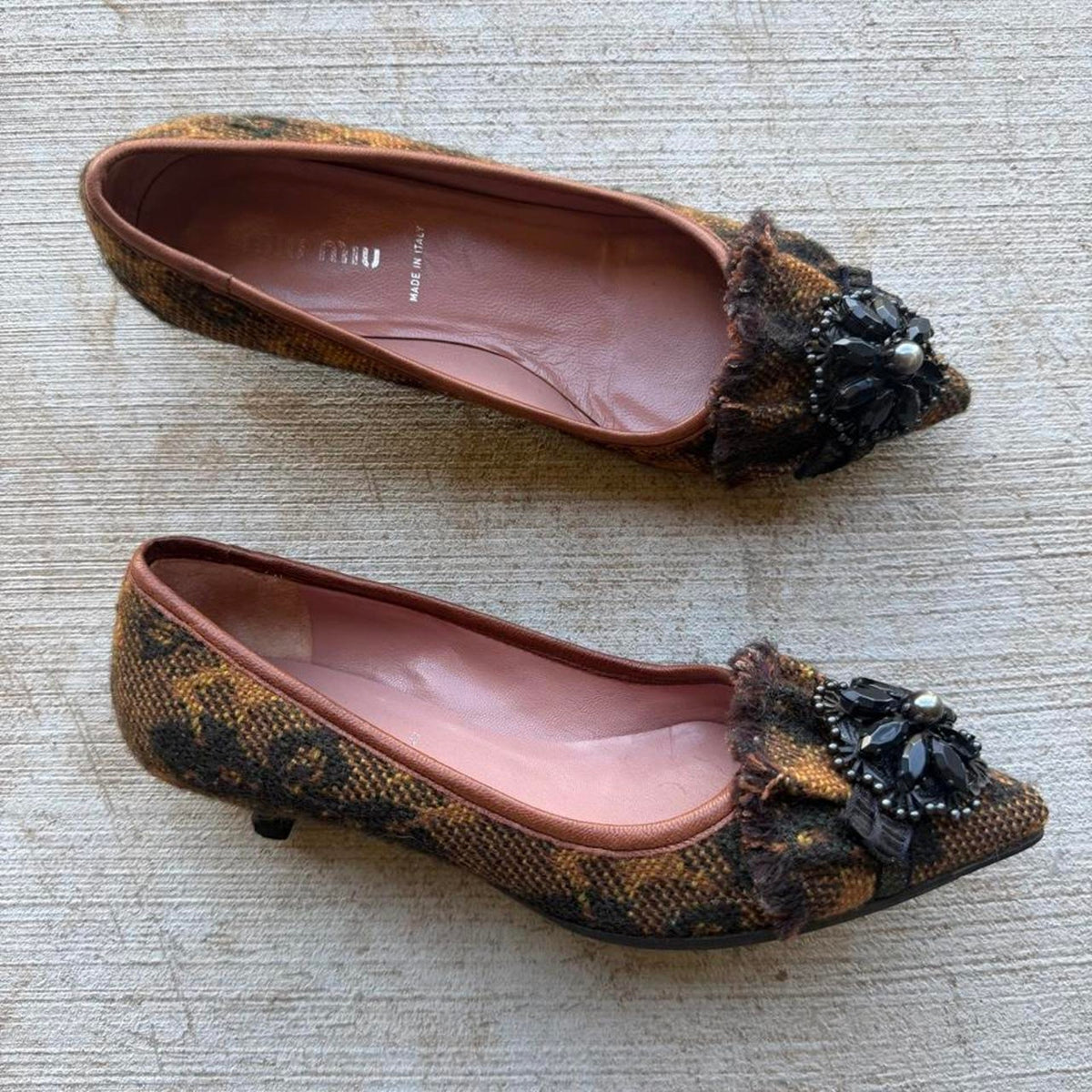 Miu Miu Jeweled Flower Camel Tweed Pointed Kitten Pumps
