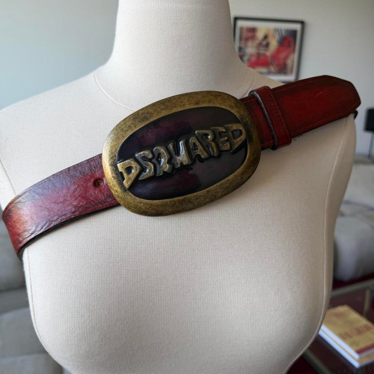 Dsquared2 Brass Logo Buckle Red/Brown Leather Belt
