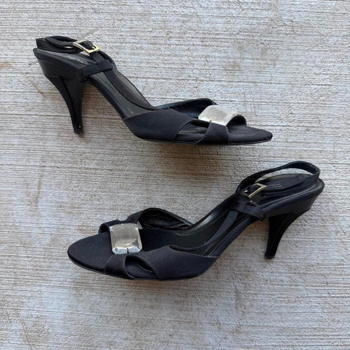 Fendi Plaque Black Satin Heeled Pumps