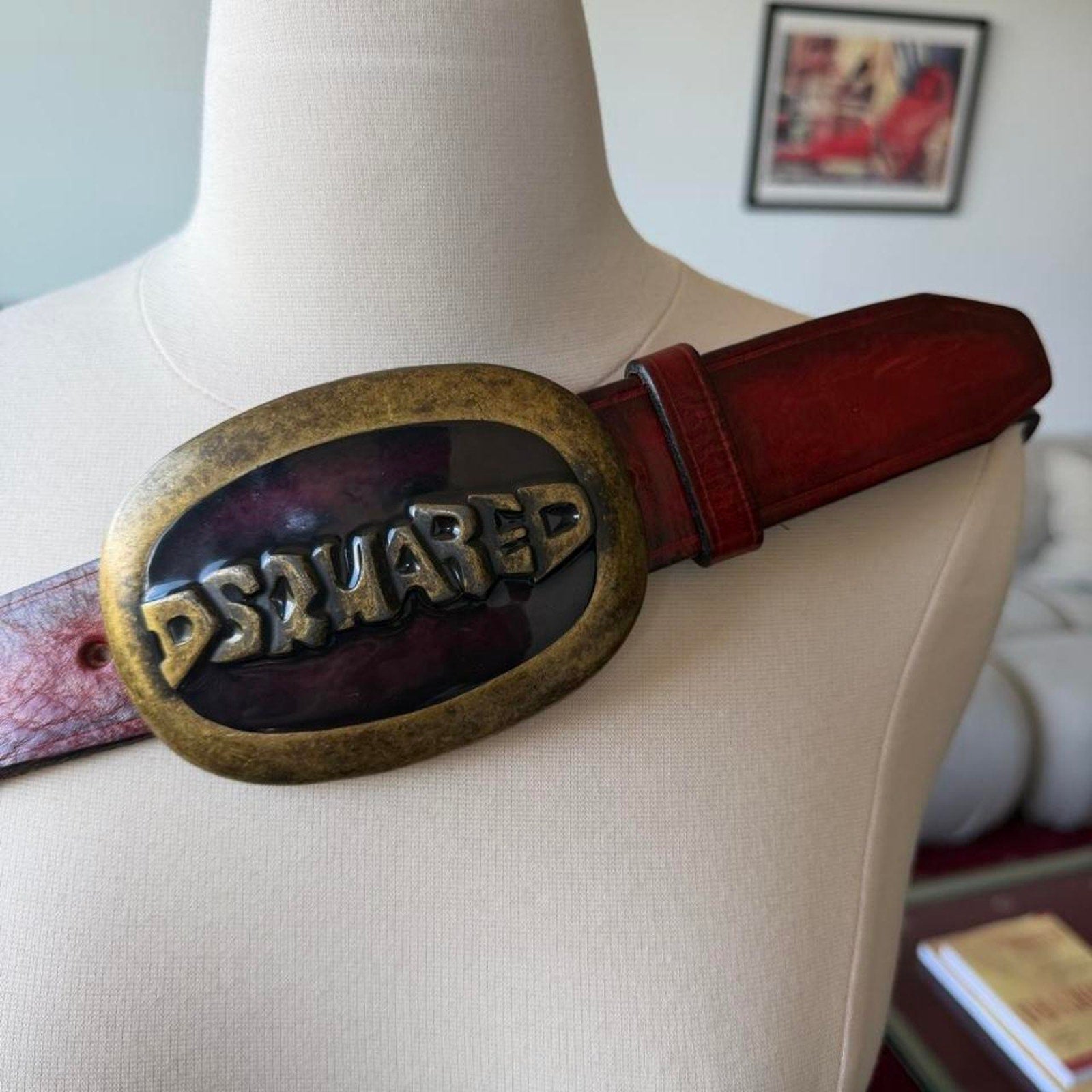 Dsquared2 Brass Logo Buckle Red/Brown Leather Belt