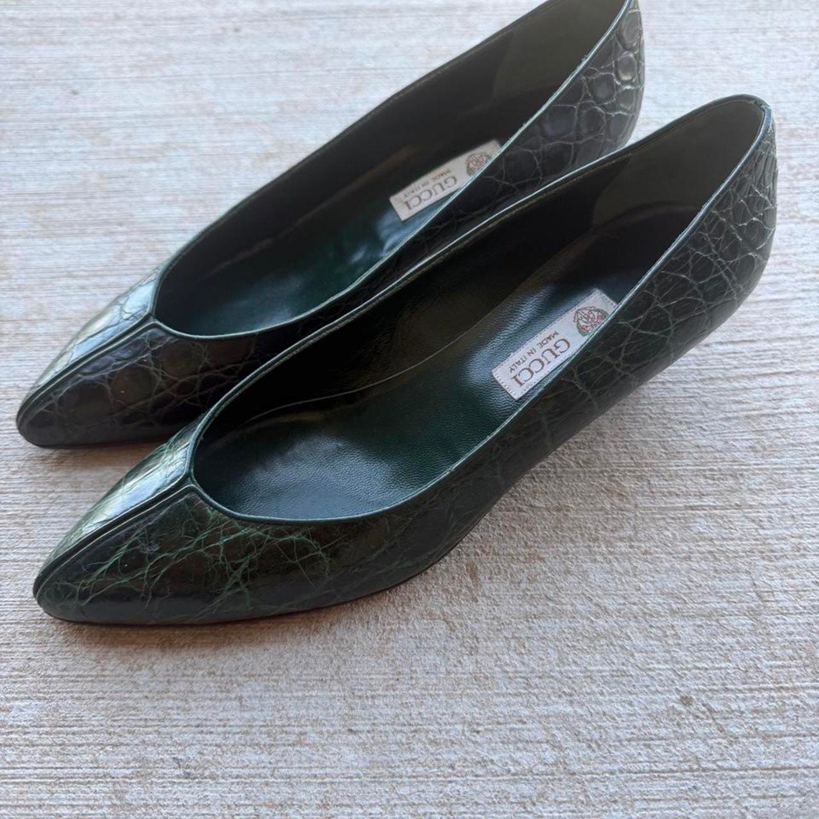 Gucci Green Crocodile Pointed-Toe Kitten Pumps