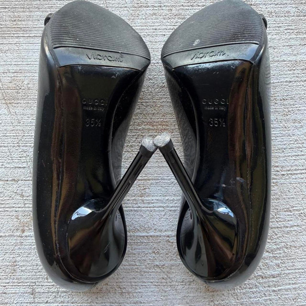 Gucci Silver Chain Black Patent Peep-Toe Pumps