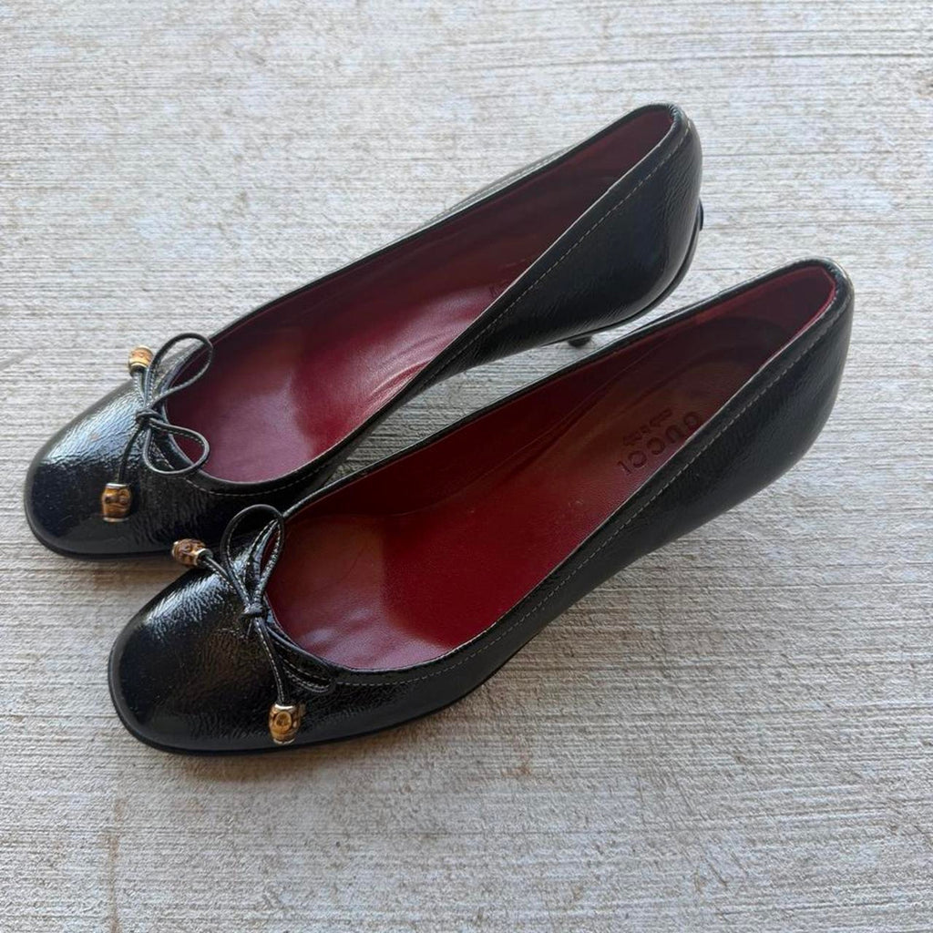 Gucci Bamboo Bow Black Patent Kitten Heel Pumps