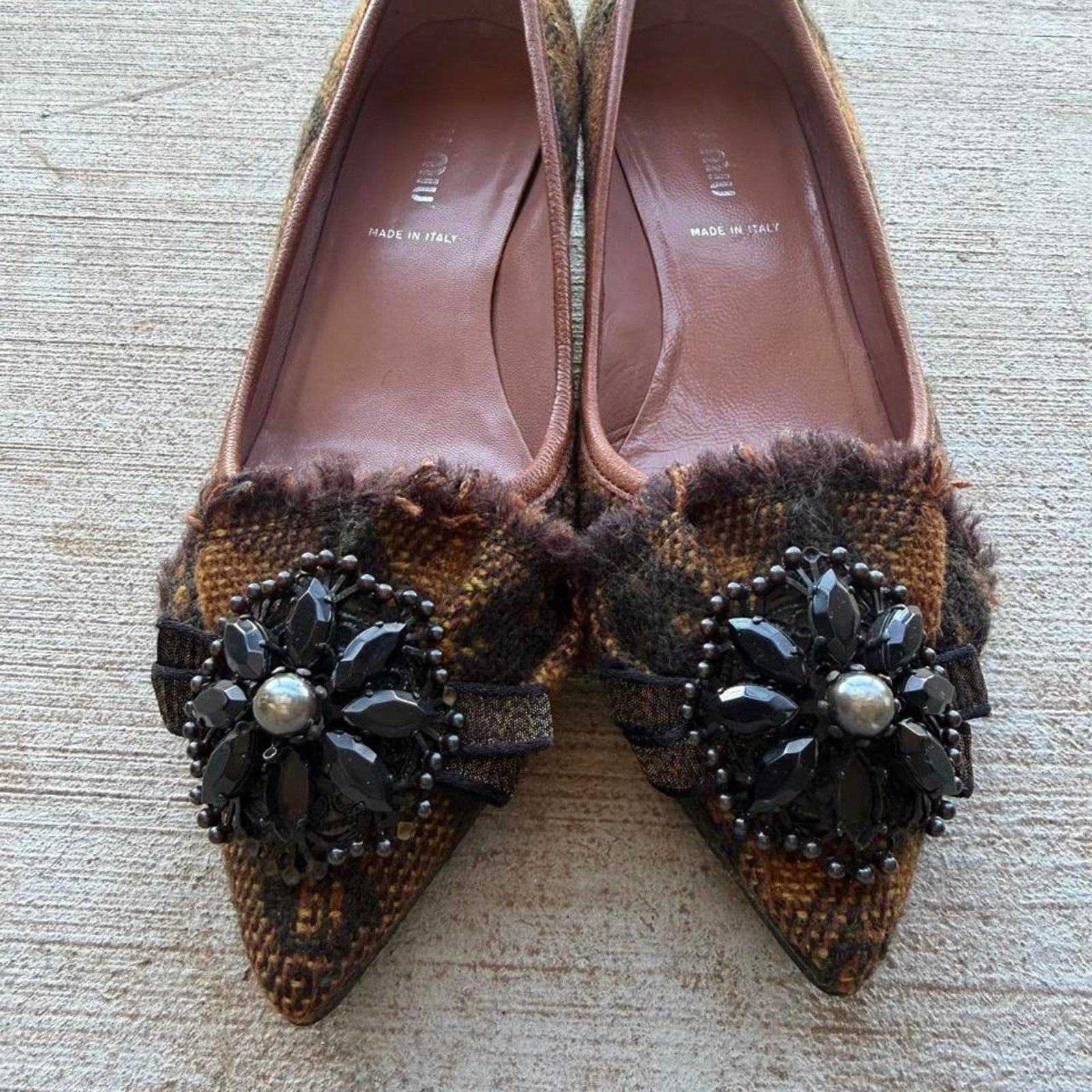 Miu Miu Jeweled Flower Camel Tweed Pointed Kitten Pumps