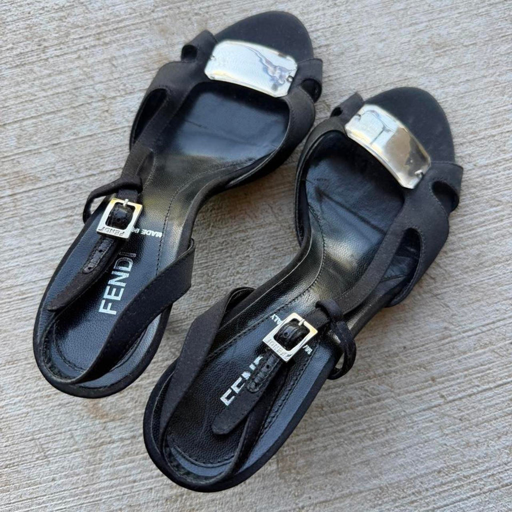 Fendi Plaque Black Satin Heeled Pumps