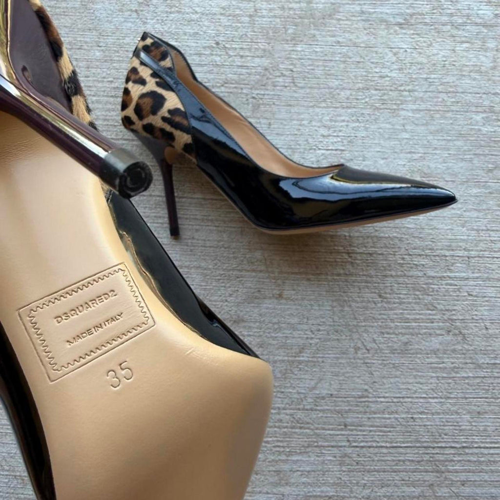 Dsquared2 Leopard Calf Hair Black Patent Pointed Pumps