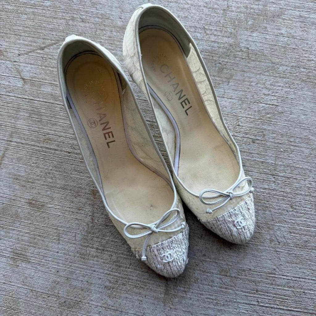 Chanel Tweed Cap-Toe Camellia Mesh Pumps Y2K