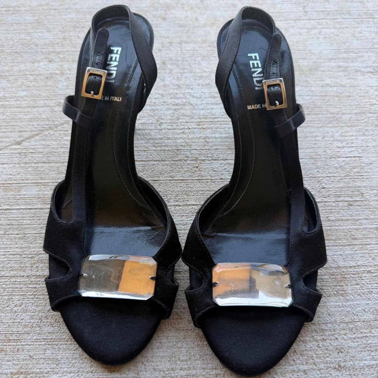Fendi Plaque Black Satin Heeled Pumps