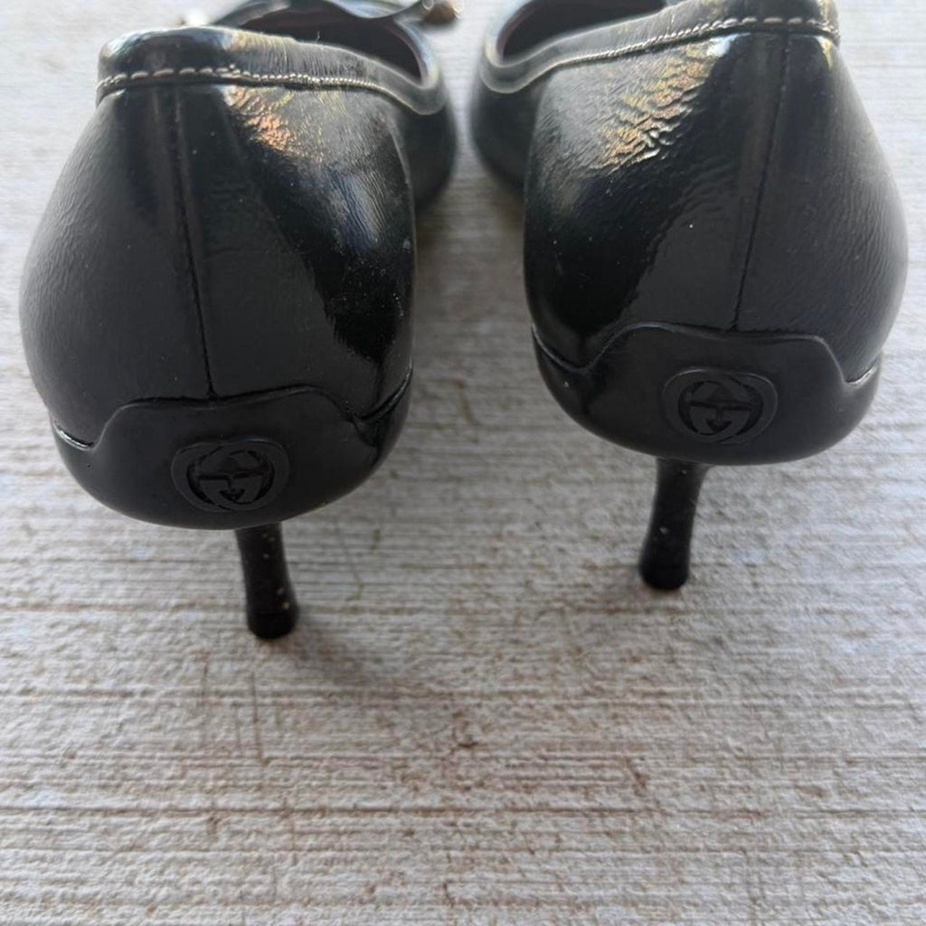 Gucci Bamboo Bow Black Patent Kitten Heel Pumps