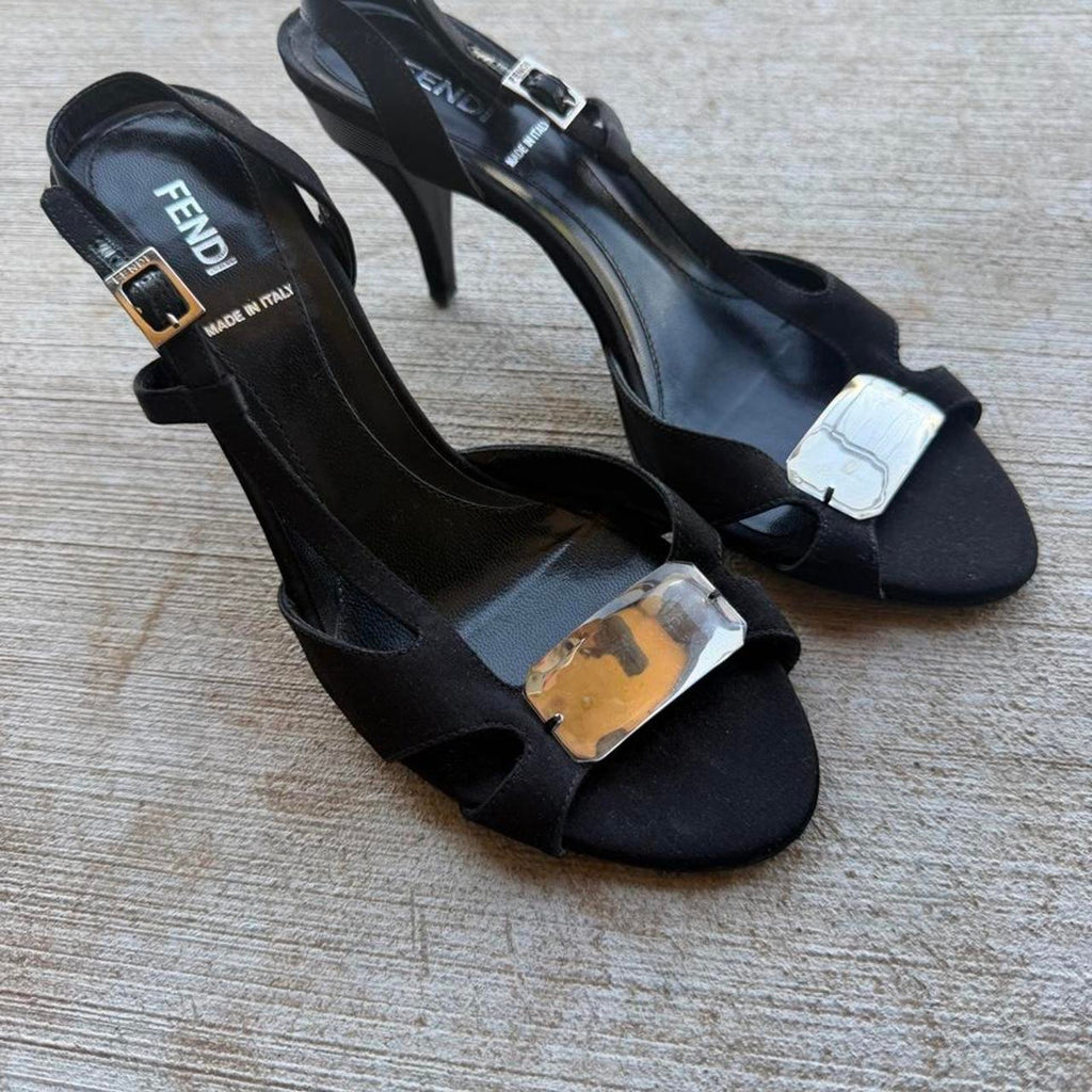 Fendi Plaque Black Satin Heeled Pumps
