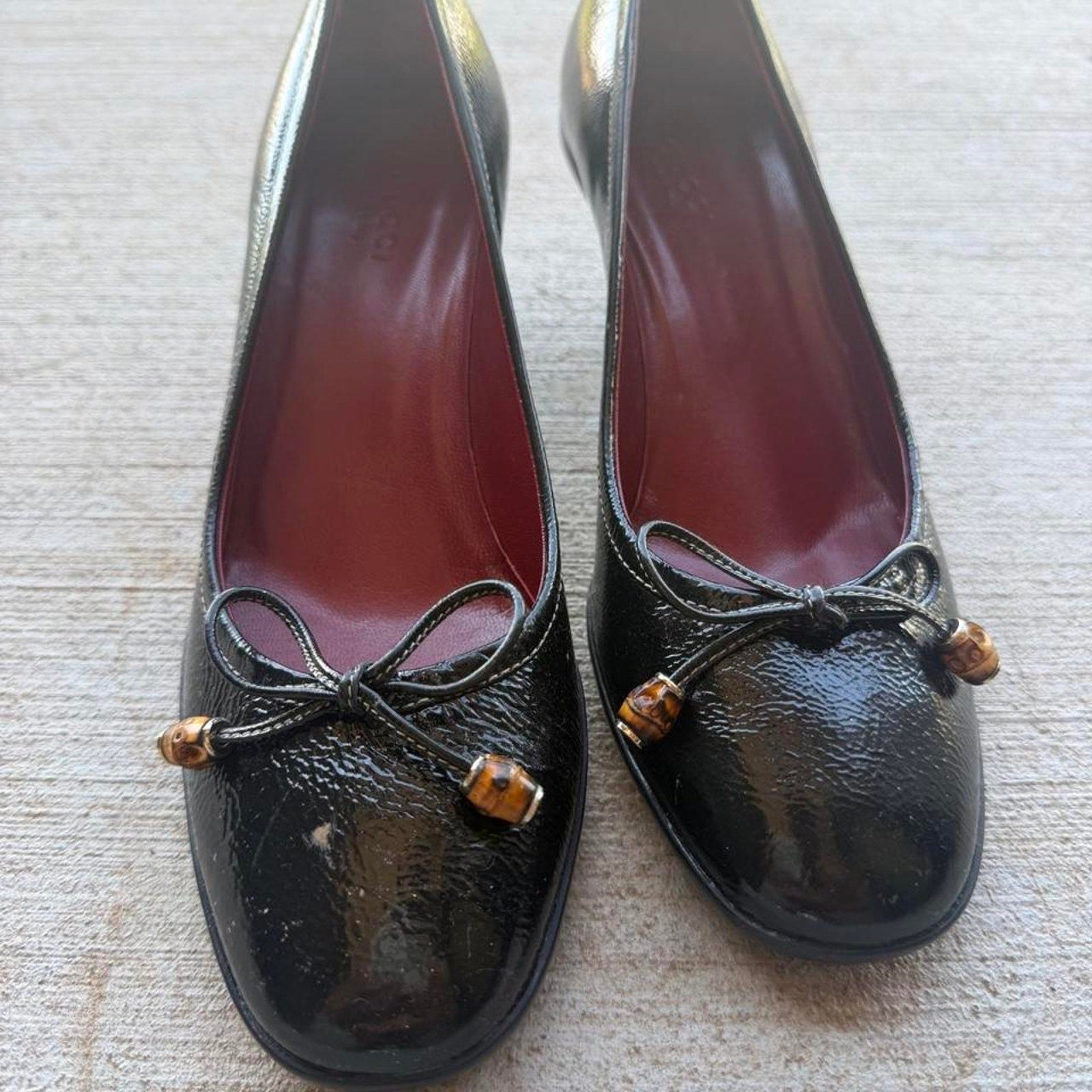 Gucci Bamboo Bow Black Patent Kitten Heel Pumps