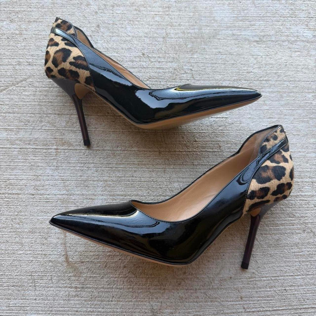 Dsquared2 Leopard Calf Hair Black Patent Pointed Pumps